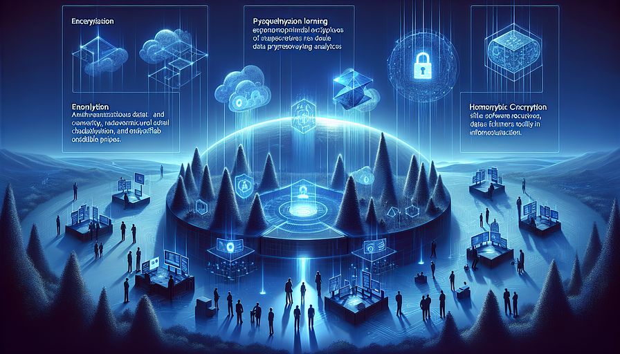 Create an image of a blue-toned, abstract, futuristic landscape that represents data privacy and analysis harmonizing. At the center, depict encryption as translucent barriers around intricate data structures, symbolizing security and confidentiality. Nearby, illustrate the process of anonymization and pseudonymization as graceful transformations where specific data snippets turn into cryptic, elegant shapes, retaining their core but losing identifiable characters. Around this, imagine technology executives of various backgrounds and genders as architects who design the infrastructure enabling this delicate balance between data usability and privacy. Portray software engineers from diverse descents and genders as meticulous builders of these foundations, ensuring secure information transfer. Above this setting, depict modernized privacy-focused technologies like federated learning, differential privacy, and homomorphic encryption as glowing symbols of innovation, casting a hopeful light on the future of privacy-preserving analytics. This image should not only admire advancements in data privacy but also express an optimistic and responsible outlook towards using data for business expansion while navigating the intricate data privacy landscape.