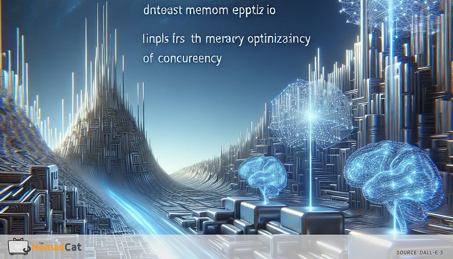 Create an abstract illustration that visualizes the dynamic relationship between C++ and AI/ML performance. Imagine a futuristic landscape where sleek, metallic structures represent the speed and efficiency of C++. These structures are interwoven with intricate, glowing neural network patterns symbolizing AI and machine learning. The scene is bathed in serene blue tones, evoking a sense of calm and precision. Include elements that suggest memory optimization, like streams of data flowing smoothly through the structures, and hints of concurrency, represented by multiple parallel pathways. The overall composition should convey the transformative impact of C++ in enhancing AI/ML applications, highlighting its role in optimizing speed, managing memory, and utilizing concurrency effectively.