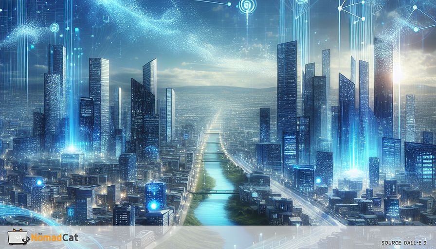 Create an abstract illustration depicting the vibrant tech startup scene in Europe, where AI-driven innovation is at the forefront of energy optimization and sustainability. Imagine a futuristic cityscape bathed in calming blue tones, with sleek, digital structures symbolizing tech startups. In the sky, abstract representations of AI algorithms dance fluidly, resembling a constellation of interconnected nodes. Below, streams of energy flow intelligently through the city like luminous rivers, dynamically adjusting and illuminating buildings to signify real-time energy management. In the distance, transparent supply chains, visualized as interconnected blue circuits, weave through the landscape, underscoring efficiency and transparency. The entire scene should evoke a sense of harmony between technology and the environment, capturing the essence of AI's transformative power in creating greener, more sustainable urban futures.