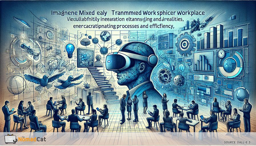 Imagine a detailed scene representing the concept of mixed reality transforming workplaces. Create an abstract visual suggesting the seamless merging of digital and physical realities in a professional setting. Remember to stress collaboration, innovation, and efficiency. The scene should incorporate visual cues that evoke virtual and augmented reality enhancing work processes and training. Depict individuals of varying genders and descents, all appearing as professionals, interacting with digital elements and a real-world space where geography has no relevance. To convey the futuristic aspect, create an atmosphere that is forward-looking but still relatable to current times, emphasizing the transformative influence of mixed reality on industries. Apply primarily blue hues to signify advanced technology and the profound effects of mixed reality on our work habits. The resulting illustration should provoke thoughts on the movement towards dynamic, efficient workplaces through the use of mixed reality.