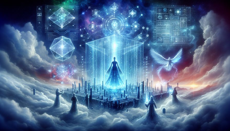 Create a visualization of an abstract technological utopia where the brilliant sky transitions smoothly from deep to light blue, portraying the harmonious integration of data governance and management. Dominating the center is a shimmering, crystalline tower that exemplifies the sturdy data infrastructure, its facets gleaming with the pulsating flow of data. Three figures, symbolic of key roles in technology leadership, appear out of the foggy surroundings. A figure enveloped in robes of binary code flutters a holographic map of interconnected nodes, embodying a Director of Technologies focusing on technical solutions. Another figure, shrouded in armor resembling blueprints, sculpts the fog into solid forms, representative of a South Asian female Director of Engineering with emphasis on design and construction. Above them hovers a Middle-eastern male figure imbibed with a halo of digital icons, aligning celestial streams of data, exemplifying a Chief Technology Officer focusing on overarching strategy coherence. Around this visually intriguing scene, strands of code and particles of data dance and swirl, encountering barriers of luminescent runes that serve as symbols of data compliance and security. This potent tableau encapsulates the intricate equilibrium between innovation, data analytics, governance, and compliance in the quest for business growth and technological progression.
