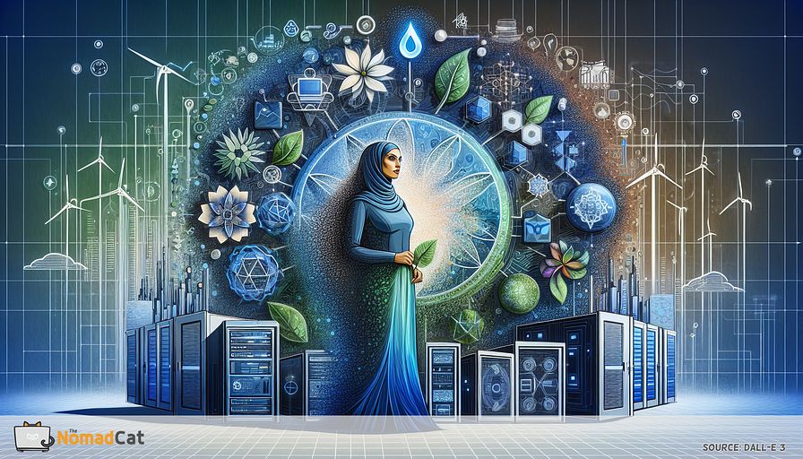 Visualize an abstract illustration dominated by various shades of blue, portraying a futuristic CTO, who is a Middle-Eastern female. She appears integrated with both organic and tech elements, signifying the unification of nature and green computing. She confidently holds her position in the core of an energy-efficient data center, beautifully incorporating renewable energy sources like solar panels and wind turbines. The picture embodies the spirit of sustainable tech and engineering. Immersively designed digital motifs and botanical elements co-mingle, symbolizing the reduction of ecological damage and the journey towards a fresher, greener future. The scene overflows with icons of innovation and sustainability, emphasizing the CTO's commitment to fostering green computing and energy efficiency.