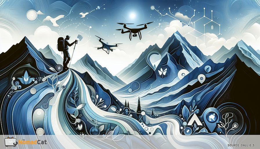 Create an abstract illustration that depicts the fusion of technology with the timeless tradition of mountain hiking. Capture the essence of a hiker using GPS navigation on a wearable device to find their way through a stylized mountain range bathed in shades of blue. Integrate symbols of modern technology such as a drone flying overhead capturing breathtaking views, a lightweight camera slung over the hiker’s shoulder, and subtle representations of wearable fitness trackers monitoring the journey. Embed these elements within a serene, mountainous landscape that also alludes to technological enhancements improving safety and sustainability, such as a beacon of light representing improved communication devices and an abstract icon symbolizing conservation-focused apps intertwined with the natural environment. Ensure the overall atmosphere of the artwork conveys a harmonious blend of tradition and innovation, celebrating the enhanced accessibility and enjoyment of mountain exploration through technology, all rendered in a palette dominated by blue tones to evoke a sense of tranquility and depth.