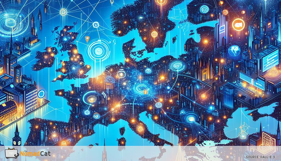 Create an abstract illustration that encapsulates the vibrant, interconnected tech communities across Europe, focusing on their role in fostering innovation for startups in data warehousing. Visualize a sprawling map of Europe, where cities like Berlin, London, Paris, Stockholm, and Cambridge are illuminated as bustling blue hubs, each radiating dynamic lines and nodes that represent the flow of ideas and collaborations. Incorporate elements of modern technology and data symbols, such as network grids and digital streams, intertwining with academic and industry icons like university buildings and tech logos. The overall color palette should be dominated by shades of blue, symbolizing innovation and connectivity, with hints of other cool tones to add depth and complexity. This abstract depiction should convey the essence of a thriving, collaborative environment where startups can tap into a wealth of resources, knowledge, and partnerships to drive forward groundbreaking solutions.
