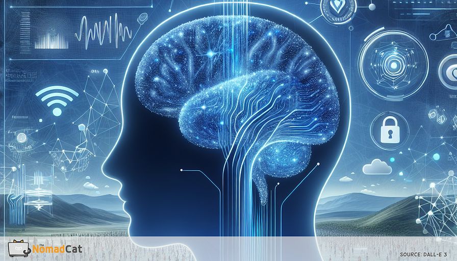Create an abstract, blue-toned illustration capturing the essence of data-driven mental health apps reshaping wellness. Visualize a futuristic landscape where streams of data flow seamlessly into the shape of a human brain, symbolizing personalization and innovation. The brain is composed of interconnected blue data streams, reflecting AI and machine learning at work. Surrounding the brain, depict abstract representations of biometric data like heartbeats and sleep patterns, integrated with digital elements like encryption locks and transparency reports, highlighting privacy and security. In the background, suggest a diverse, inclusive community benefiting from personalized mental health support. The overall atmosphere should be serene yet dynamic, illustrating the balance between technology and human well-being.