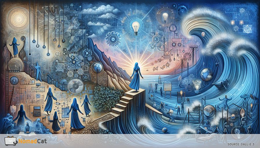 Imagine an abstract landscape representing the evolution caused by women in the tech startup world, using a surrealistic art style. The scene is painted in shades of blue (symbolizing clarity, wisdom, and depth). A key feature is an abstract interpretation of a female Middle-Eastern figure at its core, representing innovation, diversity, and resilience. She stands amid tech-related motifs (gears, circuits, light bulbs) co-existing with nature (vines, water, the sky). The fusion of these elements represents integration of tech growth with societal progress. Barriers like jagged cliffs and stormy waters express difficulties women in tech face. However, constructs like bridges and ladders, beams of light represent overcoming these challenges and pathways to success. The scene also displays abstract portrayals of people with diverse descents and genders, cooperating together, denoting the expanding support ecosystem for women in tech. The graphic will embody the transformative touch of women on the tech industry, captured in an abstractly beautiful and innovative lens, dominated by blue hues.