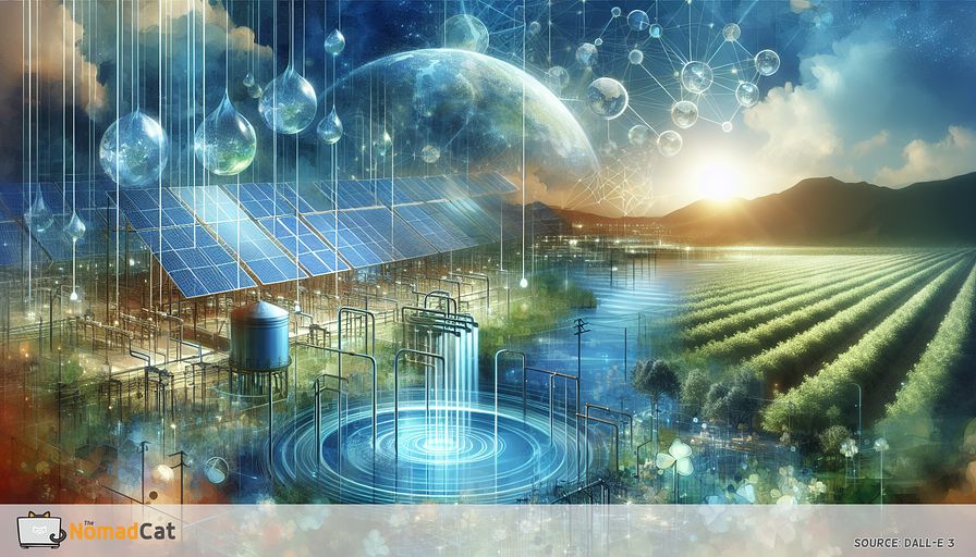 Depict an abstract, futuristic landscape where solar desalination plants gracefully harmonize with the environment, converting the boundless ocean into streams of freshwater using radiant solar energy. Amidst this scene, convey a vibrant community thriving on agriculture nourished by green water technology, showcasing an advanced rainwater management system that sustains lush, verdant fields. Overlay the illustration with a palette of soothing blue tones to emphasize sustainability and the cool, life-giving essence of water. Integrate elements that symbolize collaboration and innovation among technology leaders and communities, such as interconnected geometric shapes or ethereal bridges, to highlight the collective effort in adopting and advancing these solar-powered water purification systems.