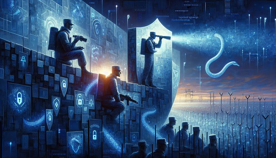 Craft an abstract image that personifies the idea of assertive cybersecurity defense in an online world dominated by shades of blue. The scene portrays technology and engineering managers, identifiable as Caucasian and Hispanic, both male and female, metaphorically stationed at the frontline of a virtual fortress. Shown as pivots in threat hunting, they are actively scanning the horizon with avant-garde binoculars, spotting and neutralizing sophisticated prolonged challenges, portrayed as vague, serpent-esque digital elements. Integrate details that hint towards the usage of cyber threat knowledge, signified by luminescent data drifting into shields or bulwarks they are wielding or positioned behind, bolstering the defense. Allies embodying ethical hackers, shown collaborating with these leaders, are visualized as partners bathed in shimmering blue, collectively working to consolidate the fortress's barriers, garnished with complex, digital lock designs and cryptography symbols. Above this digital stronghold, a sky filled with binary numbers and virtual clouds signifies the relentless watchfulness demanded in this milieu. The overall ambiance should emanate a feeling of tenacious resilience and state-of-the-art stratagem in response to morphing cyber threats, nurturing online trust and assuring uninterrupted operations in an aesthetically entrancing, abstract depiction.