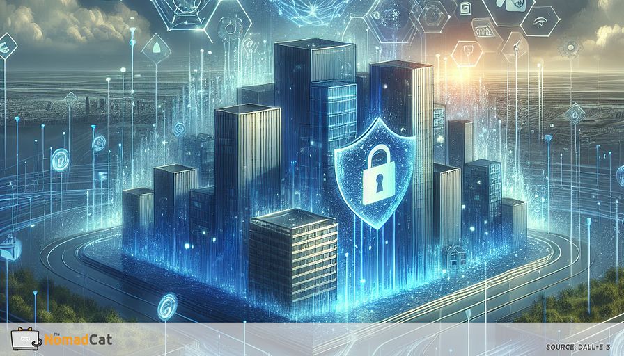 Illustrate an abstract scene depicting the concept of a 'smart workplace' enveloped in a serene, blue-toned digital landscape. The scene should incorporate symbolic elements representing European Union regulations, such as a translucent GDPR shield, a network of interconnected data streams protected by encryption locks, and a radio frequency wave pattern harmoniously integrating with IoT devices. Highlight the balance between innovation and compliance by including abstract representations of secure boot processes and blockchain technology, depicted as intricate, crystalline structures. Add visual cues of startups leading the charge, such as futuristic building silhouettes with digital security elements, symbolizing trust and innovation. The overall composition should convey a sense of adaptability, security, and forward-thinking, emphasizing the strategic advantage of mastering EU regulations in IoT integration.