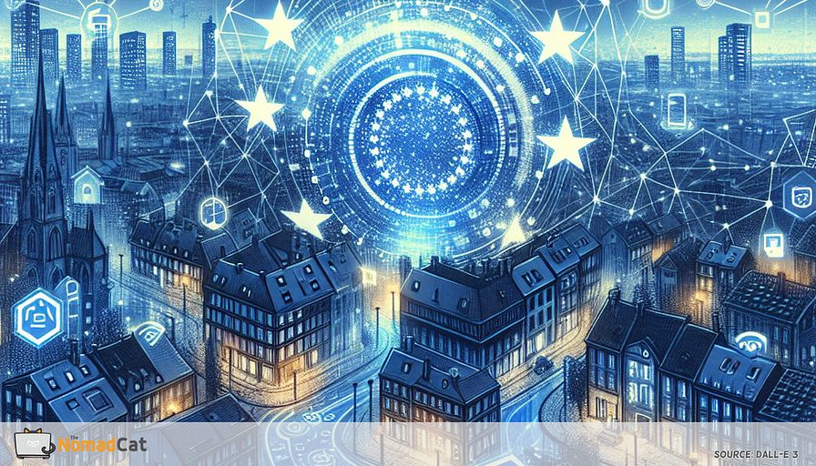 Create an abstract illustration that embodies the dynamic balance of innovation and compliance within the European smart tech landscape. Use a palette of blue tones to depict a futuristic European cityscape where smart devices seamlessly integrate with everyday life. In the foreground, represent the intricate web of regulations like GDPR as a series of interconnected, glowing lines and nodes that weave through the city, symbolizing both the challenges and opportunities they present. Include elements like smart homes, wearable devices, and interconnected IoT systems, all harmoniously interacting under the watchful eye of digital guardians, symbolizing data protection officers. This visual should capture the essence of startups navigating complex regulations while fostering innovation, with the cityscape reflecting a sense of trust and technological advancement.