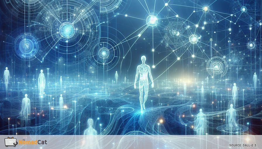 Create an abstract illustration that captures the essence of "Ethical AI in the Internet of Things Era." The scene is a digital landscape bathed in serene blue tones, symbolizing trust and transparency. In the center, imagine an intricate network of interconnected devices, each represented by abstract geometric shapes and lines, signifying the IoT ecosystem. Overlay this network with translucent, ethereal figures representing AI, suggesting the ethereal and intangible nature of artificial intelligence. These figures are gently guiding the network with a sense of fairness and accountability, depicted through harmonious and balanced compositions. Wisps of light interweave through the scene, embodying the flow of data, with some areas glowing softly to indicate areas of privacy and protection. The overall mood is one of calm assurance, illustrating the responsible and ethical use of AI in our interconnected world.
