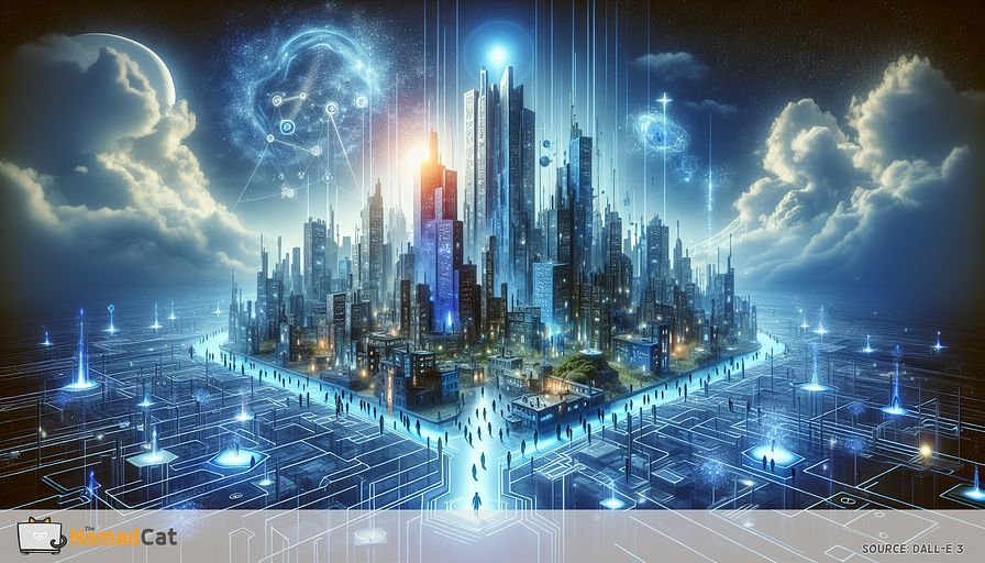 Imagine an abstract digital landscape embodying the spirit of a futuristic editor tool, shaped like a magical, high-tech cityscape. In this scene, various elements symbolize the tool's user-friendly interface, with different buildings standing for customizable features and add-ons reaching the sky. The interconnected pathways and platforms represent collaboration while hosting figures who represent content creators of various descents and genders, all working without the need for technical knowledge in web design. The city shines under a radiant, blue-tinged glow, signifying creativity and a change in content management. This city is a symbol of efficiency, quality, and brand uniformity. In the backdrop, an anonymous towering figure, symbolic of a tech leader's strategy and competitive superiority, oversees the landscape. This abstract representation aims to capture the transformative influence of the advanced editor on content creation and management, all wrapped within blue hues, conveying a sense of advanced technology and reliability.