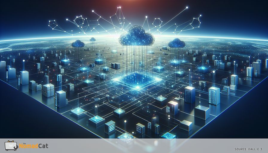 Create an abstract illustration representing the idea of distributed computing. Visualize a network of interconnected servers and computers, all depicted as geometric shapes and colored in different shades of blue, floating in a vast, digital environment. Show the exchange of data as glowing strands of light that weave in and out of the network, representing enhanced speed and efficiency in computing processes. Incorporate elements of cloud and edge computing, symbolized by subtle, cloud-like forms and peripheral nodes emerging from the central network. Reflect the concepts of scalability and accessibility with an arrangement of rising, interconnected shapes extending towards a horizon, symbolizing the growth and adaptability of businesses that utilize this technology.