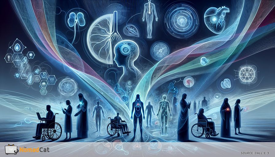 Illustrate an abstract visualization of the future of healthcare impacted by artificial intelligence, focusing on the revolution of diagnostics and imaging. In this vision, depict AI as a unifying thread weaving through various healthcare innovations - from advanced medical imaging machines emitting gentle, blue-hued glows, to simplified representations of wearable devices monitoring health in real-time, all interconnected with soft, ethereal lines symbolizing the invisible yet potent flow of data. Include subtle elements conveying the challenges of ethical considerations and patient privacy, perhaps through veiled, shadowy figures observing or interacting with the technology in a cautious manner. Emphasize a patient-centric future, where technology and human values merge, illustrated by harmonious, abstract human silhouettes mingling with AI elements. One of the abstract figures should be an East Asian male, another a Middle-Eastern female and a wheelchair-using Hispanic male, further emphasizing the global reach of AI in healthcare. These figures should be surrounded by auras of personalized treatments, hinted by unique, glowing patterns, indicating the AI's role in predicting health issues and customizing care. The color palette should be dominated by various shades of blue, suggesting trust, responsibility, and the serene, hopeful promise of AI in transforming global healthcare for the better.