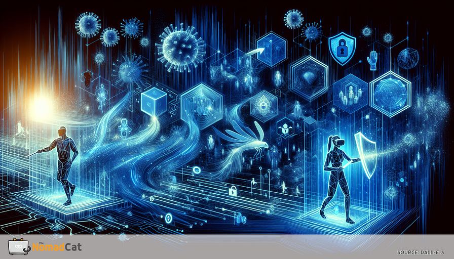 Generate an abstract illustration with a blue color theme that symbolizes the amalgamation of virtual reality (VR), augmented reality (AR), and cybersecurity. This should be a digital landscape with ghostly, virtual data streams mingling with solid geometric shields and locks, signifying the innovative conflation of immersive technology and cyber defense tools. Holographic figures, let's depict them as a South Asian female and a Black male, should appear actively interacting and navigating the vibrant, ever-mutating cyber terrain, organizing simulated attacks and defenses. Use visual metaphors like digital warriors clad in VR gear, wielding beams of light to ward off dark, virus-like entities, and AR depictions showcasing the structure of cyber threats, all within a primarily blue color matrix. This scenario is a representation of 'Immersive Security Solutions,' emphasizing the advanced manner in which companies are getting ready for, and neutralizing cyber threats through the integration of VR, AR, and traditional cybersecurity in a cohesive and abstract visual story.