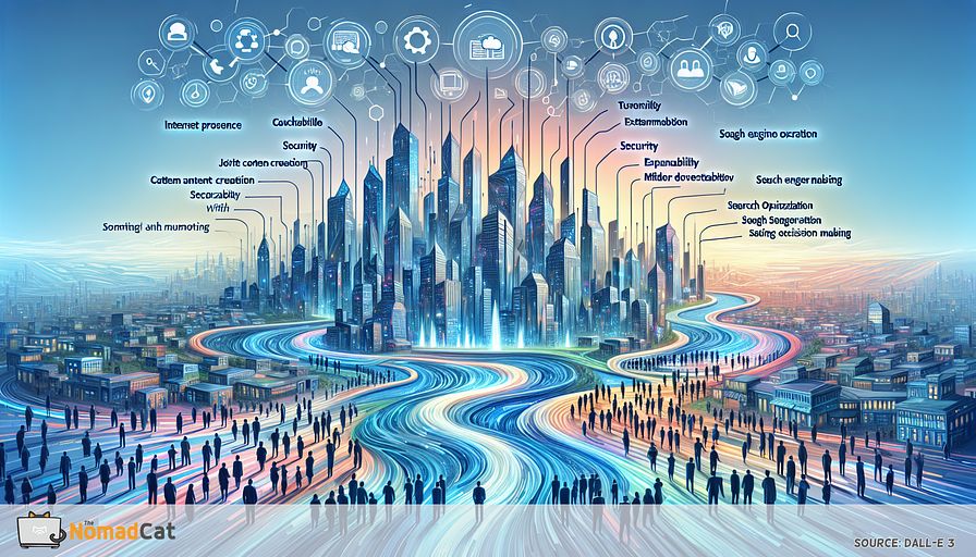 Depict an abstract digital landscape representing the transformative journey of digital strategy with the assistance of Content Management Systems (CMS). Visualize a city of the future where each structure symbolizes a pivotal benefit of CMS - Internet presence, joint content creation, user interaction, expandability, security, customization, Search Engine Optimization, and statistics-led decision-making. This metropolis should be linked with flowing data currents, representing flawless coupling with upcoming technologies to ensure lasting digital framework. Cast the entire scene in different shades of blue to transmit the ideas of innovation and trust. Include abstract depictions of diverse individuals, both men and women from a mixture of descents such as Caucasian, Hispanic, Black, Middle-Eastern, South Asian, working together to highlight the importance of collaboration and the dynamism of digital ecosystems.