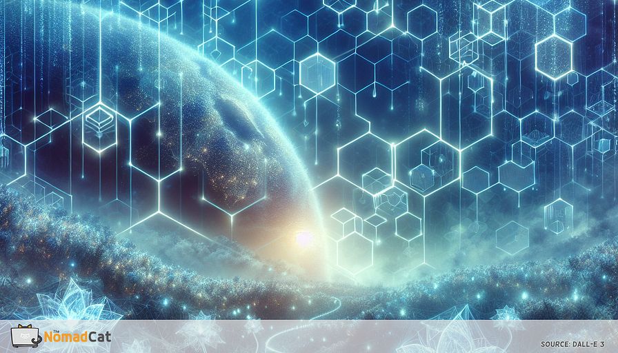 Create an abstract illustration that embodies the fusion of blockchain technology with the biofuel industry. The scene is a vast, digital landscape with interconnected hexagonal grids representing blockchain networks, shimmering in blue hues. In the foreground, digital tendrils of biofuel plants emerge, intertwining with the blockchain grids, symbolizing the integration of technology with nature. Ethereal data streams flow harmoniously between the hexagons, glowing softly, illustrating transparency and efficiency. Overhead, a stylized globe subtly hints at the global impact and sustainability of this technology-driven transformation, with blue tones dominating the color palette to convey a sense of innovation and trust.