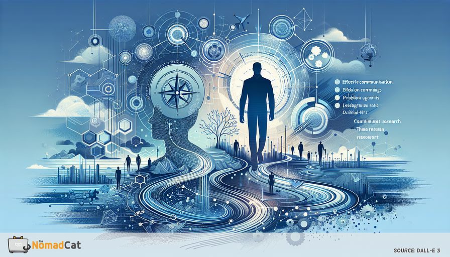 Create an abstract illustration in shades of blue that visualizes the multifaceted role of a Chief Technical Officer (CTO) in driving a company's vision in the digital age. The visual should encapsulate the essence of a CTO blending vast technological landscapes with human elements. It should depict symbolic representations of essential skills: effective communication as interconnected networks, decision-making as a compass guiding through digital realms, problem-solving as an intricate puzzle seamlessly integrating into a larger tech structure, leadership as guiding stars illuminating the path for a group of diverse figures, time management as a fluid, dynamic clock merging with digital elements, and continuous research as an ever-expanding, evolving horizon. All these elements should coalesce into a coherent, abstract visualization that captures the dynamic, innovative spirit of a CTO at the helm of technological progress.