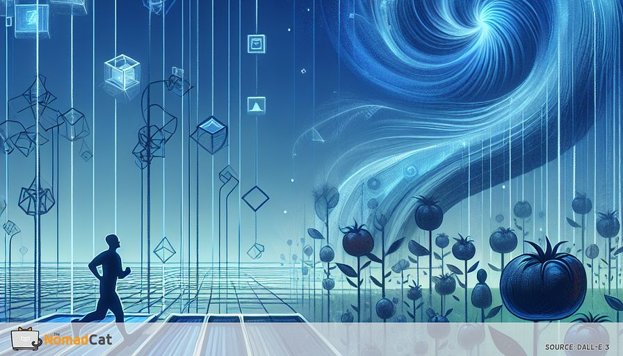 Abstract illustration in tranquil blue tones: Visualize the relentless pace of the tech industry as an abstract treadmill made of shifting geometric forms and digital icons, stretching into the distance under a cool, blue-tinted sky. In the foreground, a solitary human silhouette pauses beside the moving treadmill, surrounded by soft, organic shapes resembling tomato plants and a contented cat—symbols of personal joy and boundaries. Streams of light and data flow swirl around but gradually dissipate into calming gradients, representing the transition from chaotic ambition to mindful balance. The overall mood is serene, contemplative, and suffused with shades of blue, capturing the contrast between the pressure to achieve more and the quiet fulfillment of defining “enough.”