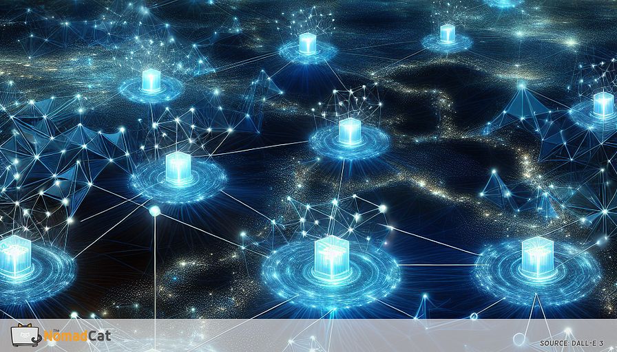 Create an abstract illustration depicting the concept of decentralized energy storage. Imagine a sprawling network of interconnected, glowing blue nodes scattered across a dark landscape, each representing a localized energy storage system. These nodes shimmer with electric energy, subtly connected by faint lines of light that symbolize the flow of energy and data. In the background, hints of blockchain-like patterns and IoT symbols weave throughout the scene, illustrating the integration of advanced technology. The overall composition should convey a sense of futuristic innovation and sustainable energy management, with a focus on blue tones to evoke a sense of trust and modernity.