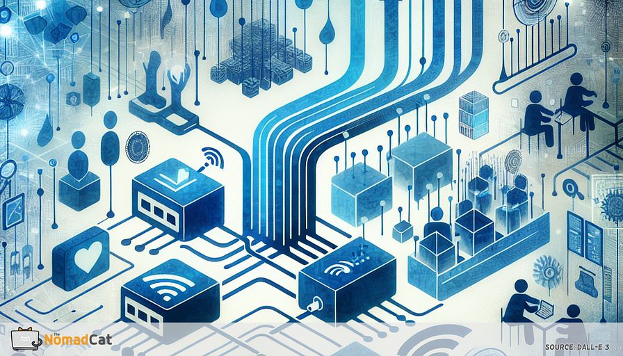 An abstract illustration in blue tones depicting the concept of a gradual, budget-friendly Wi-Fi 6 upgrade in a small office or coworking space. Visualize a seamless blend of old and new technology: intertwining, translucent blue circuit lines flowing gently from outdated, boxy hardware to sleek, modern Wi-Fi 6 access points. Highlight clusters of stylized, abstract people working harmoniously in busy zones—meeting rooms, open desks—where bright, concentrated blue auras represent fast, stable connectivity. Subtle icons suggest decision tools, checklists, and piggy banks, evoking careful planning and cost-saving. In the background, faint geometric shapes hint at community support, shared resources, and digital grants, all unified under a calm, organized, and optimistic atmosphere.