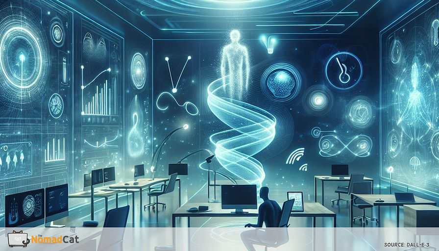 Create an abstract illustration depicting a futuristic workspace infused with IoT technology, rendered in soothing blue tones. Imagine an ethereal office environment where smart climate controls are subtly represented by gentle, swirling currents of air adjusting to an optimal temperature. Soft, adaptive lighting emanates from overhead, creating a dynamic atmosphere that shifts according to the tasks at hand. Ergonomic chairs and desks equipped with sensors subtly adjust to support posture, depicted as glowing lines and curves conforming to a ghostly silhouette of a seated figure. In the background, visualize translucent screens displaying real-time data on air quality and noise levels, seamlessly integrating into the workspace. Floating wearables gently orbit around, symbolizing health monitoring devices that provide insights into the well-being of employees. The overall scene conveys a harmonious balance between technology and comfort, illustrating the transformative impact of IoT on modern workspaces.