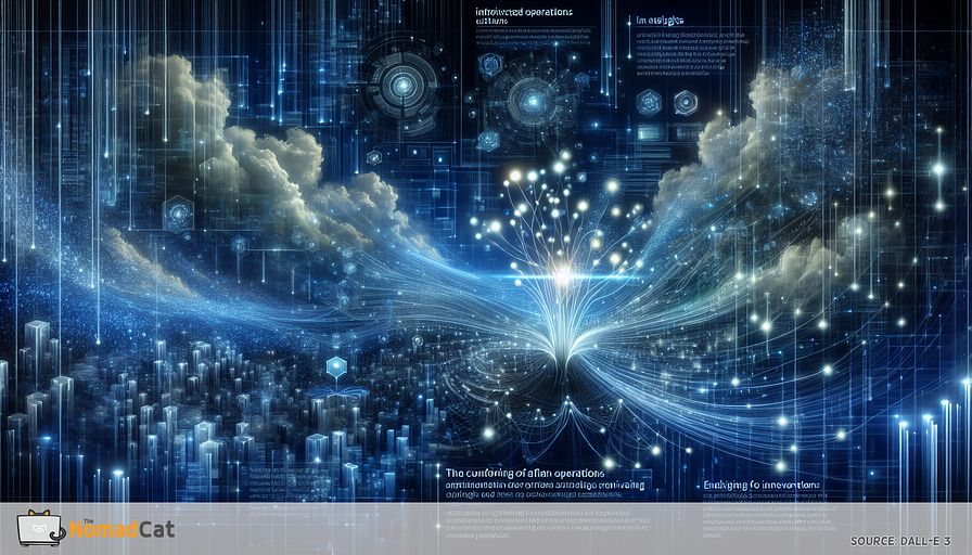 Create a futuristic abstract illustration that symbolizes the use of advanced data mining techniques for improving operations and sparking innovation. Picture an uninterrupted landscape of intertwined data streams and nodes, infused with different shades of blue, that signify the continuous flow of information through complex algorithms and machine learning models. Within this network, incorporate symbolic depictions of insights appearing like softly glowing gemstones, underlining the uncovering of hidden patterns, trends, and correlations within the sprawling data. This setting serves as a visual metaphor for the empowering influence of data mining in propelling businesses forward—portraying the prediction of market trends, fine-tuning of operations, and enriching of customer experiences. The overall ambience should radiate a sense of advanced innovation and strategic prediction, accentuating the competitive advantage firms achieve by incorporating data mining in their strategic decisions.