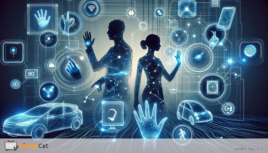 Create an abstract illustration of the future of user interfaces with gesture control technology. Show silhouettes of Asian female and black male performing a variety of natural human gestures, including waving, pointing, and swiping. These silhouettes are set against a backdrop of floating digital devices such as screens, automobile controls, and smart home appliances, all interlinked with luminescent lines illustrating pathways of communication. Focus on the seamless interaction and intuitive connection between humans and technology packed in blue hues - a symbol of innovation and convenience. Display the transformative effect of gesture recognition in enhancing user experiences and changing product development, embodying a forward-thinking vision where technology planning and human interaction exist in harmony.