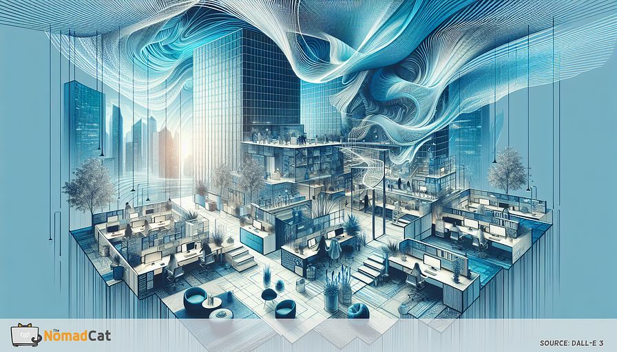Generate an image of an innovative and abstract office of the future, where shades of blue permeate the setting, and work-life integration is paramount. The office includes a variety of spaces like tranquil bohemian corners for relaxation, high-tech and compact workstations, and spaces dedicated to personal growth and boundless creativity. This work environment represents an optimal blend of the natural world and cutting-edge technology, emblematic of a focus on mental wellness and occupational equilibrium. The illustration should emit feelings of tranquillity, pioneering spirit, and camaraderie, epitomizing the quintessence of a comprehensive workplace that cultivates every aspect of an employee's life in the digital epoch.