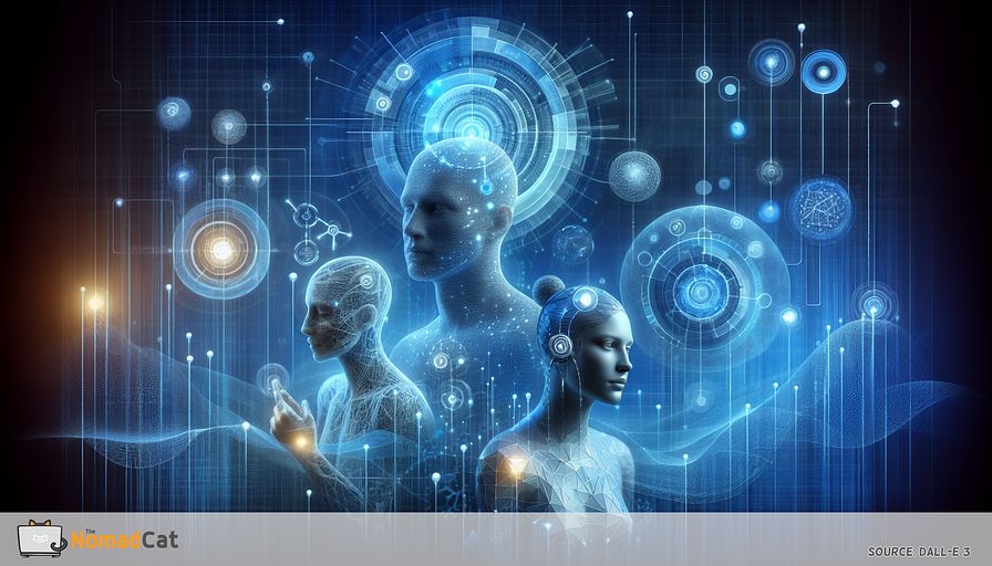 Visualize an abstract concept where technology and biology interlock harmoniously in calming shades of blue. This is a futuristic landscape that embodies the progression of wearable healthcare technology, with health sensors seamlessly integrated into the fabric of human existence. There are abstract figures of a Caucasian male, a Hispanic female, and a Middle-Eastern non-binary person, all adorned with modernistic, elegant devices that track their health in real time with a gentle, illuminating glow. These devices are not mere bystanders but active health contributors, subtly adapting to the wearer's requirements. The backdrop creatively represents data analytics platforms as an intricate pattern of nodes and pathways, turning raw data into a woven masterpiece of significant health insight. The visualization is a symbol of how wearable technology empowers individuals, picturing a future where technology and the human body are inseparable, all enveloped in tranquil hues of blue.