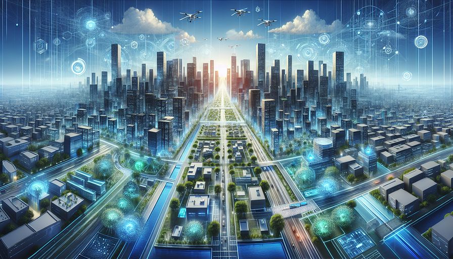 Create an abstract portrayal of an ideal urban landscape. This cityscape should illustrate a harmonious merger between technological advancements and civic-oriented enterprises. Emphasize the use of blue hues to project an atmosphere of innovation and viability. Visualize buildings as futuristic tech centers, each radiating gentle, blue illumination as a testament to their dedication to societal enhancement. The city should be vibrant with activity, yet exhibit a synchronous equilibrium between tech and ecology. Include features like verdant rooftops, electronic trees presenting real-time environmental information, and accessible, tech-enabled public areas promoting communal interaction. Above the city, imagine the sky populated with unmanned aircraft and virtual birds, symbolizing the flawless integration of tech in addressing social issues. This illustration should encapsulate the quintessence of a society where technology and social entrepreneurship cooperate mutually to nurture a promising future, underlining the importance of inventive concepts in accomplishing sustainable development objectives.