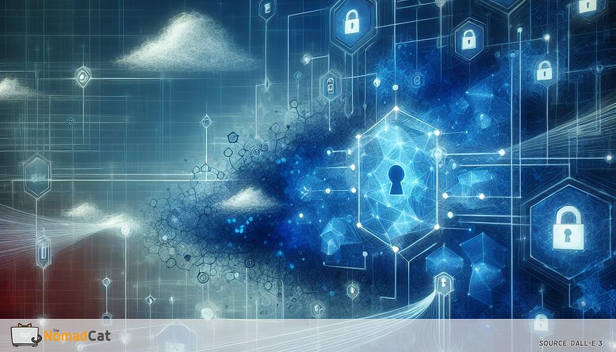 Create an abstract illustration that embodies the essence of Software-Defined Networking (SDN) as a dynamic, blue-toned digital landscape. This scene should convey the idea of centralized control and seamless data flow, represented by interconnected, flowing lines and nodes that symbolize network agility and real-time monitoring. Include visual elements that suggest compliance and security, such as abstract shield shapes and lock motifs subtly integrated into the network structure. The backdrop should illustrate a harmonious blend of digital and regulatory elements, reflecting SDN's role in simplifying compliance with European data protection laws like GDPR. Aim for a sense of fluid adaptability, with hints of future technological integration, such as cloud and IoT connections, subtly woven into the design.