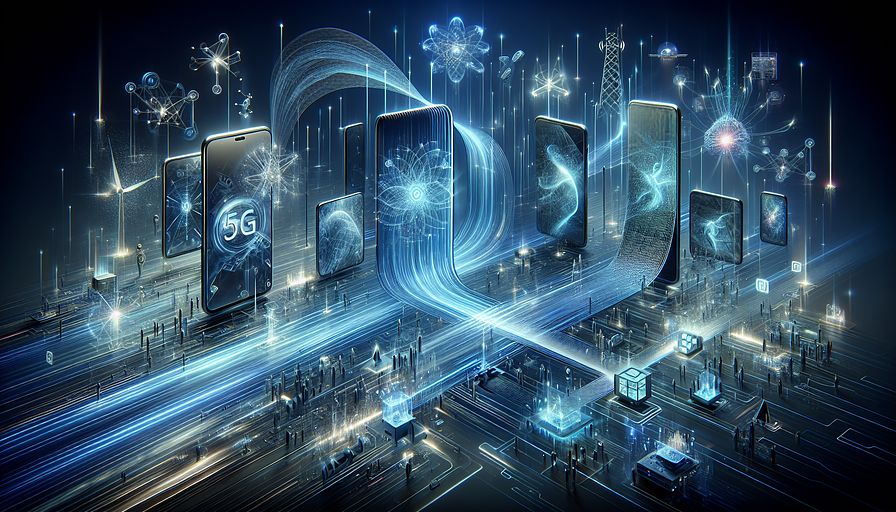 Create an abstract illustration that visualizes the evolution and future possibilities of mobile technology, emphasizing the revolutionary impact of 5G networks. In this scene, imagine a world where the speed of connectivity intertwines with the fabric of daily life, symbolized by streaks of electric blue and light pulses moving through a network. Showcase futuristic mobile devices, some with foldable screens unfolding like origami, others encased in sleek designs that blend with users' environments. These devices are powered by intricate circuits glowing with a soft blue light, representing their advanced computational abilities. Integrate elements that hint at real-time communication and IoT, such as interconnected nodes and data streams flowing seamlessly between devices and infrastructure. Over this dynamic background, illustrate advanced biometric features and AI algorithms as ethereal, softly glowing patterns that interact with human touches, symbolizing the personalized and secure experiences these technologies enable. Ensure the composition feels interconnected, highlighting the seamless integration of these innovations into a cohesive vision for the future of mobile connectivity and user interaction, all bathed in serene shades of blue to convey a sense of advanced technology and optimism.