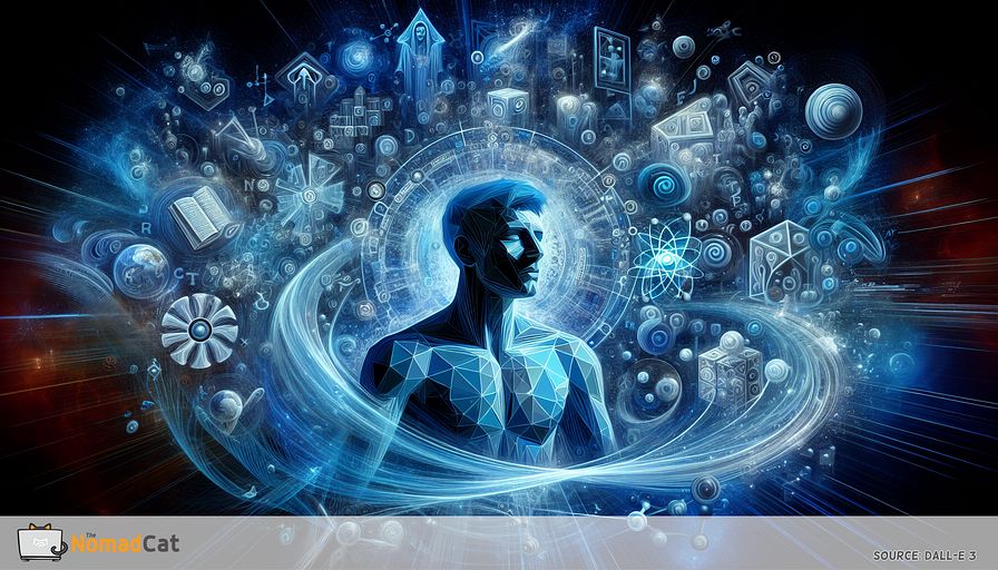 Envision an abstract work of art bursting with energy, in the form of geometric figures and fluid lines in various hues of blue, symbolic of the transformative effects of Virtual Reality (VR) on education. The main subject, symbolizing a Caucasian male student, is surrounded by a shell of blue-toned, digital characters and beams of light, portraying the enveloping VR atmosphere. Circulating around this character, surreal impressions of landmarks of ancient cultures, atomic structures, and further elements of education oscillate between clarity and obscurity, all positioned in a lively and interactive cybernetic environment. This image should express the junction of tech and pedagogy, where typical practices metamorphose into stimulating VR-enriched sessions, demonstrating a future where learner-driven experiences overcome the limitations of physical classrooms and textbooks and promote investigative learning inside a visually stunning abstract world, awash in blue shades.