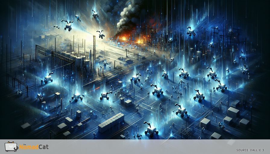 Create an abstract illustration depicting a futuristic swarm of small, sleek robots with a blue-toned aesthetic, working in harmony within a hazardous environment. The scene should evoke the concept of collective intelligence, displaying the robots collaboratively navigating through a disaster-stricken industrial landscape. Each robot emits a soft blue glow, symbolizing both connectivity and resilience, as they undertake various complex tasks together. The environment should include elements of danger, such as collapsing structures or hazardous materials, with the swarm efficiently maneuvering around these obstacles. The background should be a blend of dark- and lighter-blue tones, suggesting both the challenges and the promise of this innovative technology in enhancing safety and efficiency.