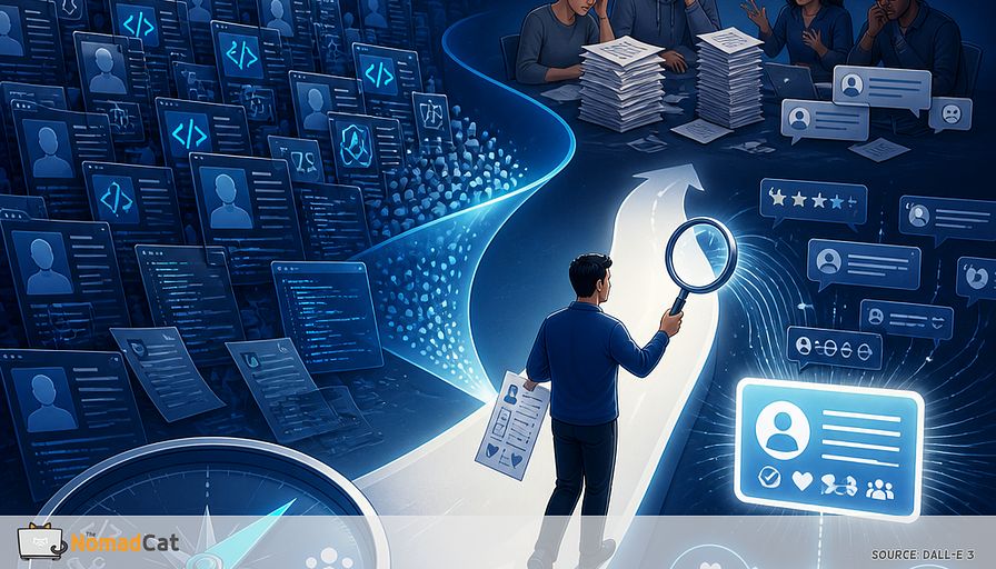 **DALL·E Prompt:**

Create a sophisticated abstract editorial illustration in predominantly blue tones for an article about tech professionals standing out by focusing on audience needs rather than listing technical skills. Depict a crowded field of identical glowing developer profiles, each represented by generic code symbols, framework badges, and overlapping resumes, fading into the background. In the foreground, one professional follows a clear bright pathway toward a small, distinct group of people with visible challenges: tangled onboarding flows, paperwork, customer drop-off charts, and support-message fragments. The professional is using a simple one-page worksheet and a magnifying glass to transform scattered customer quotes, survey responses, and forum comments into a precise glowing niche statement. Visual metaphors include a compass pointing toward real people instead of a pile of technical tools, a funnel narrowing from a broad crowded market into a focused opportunity, and subtle connected nodes showing trust and demand validation. Clean modern vector-meets-editorial style, minimalist composition, deep navy, cobalt, cyan, and soft white accents, elegant gradients, high contrast, conceptual business-tech magazine illustration, no readable text, no logos.