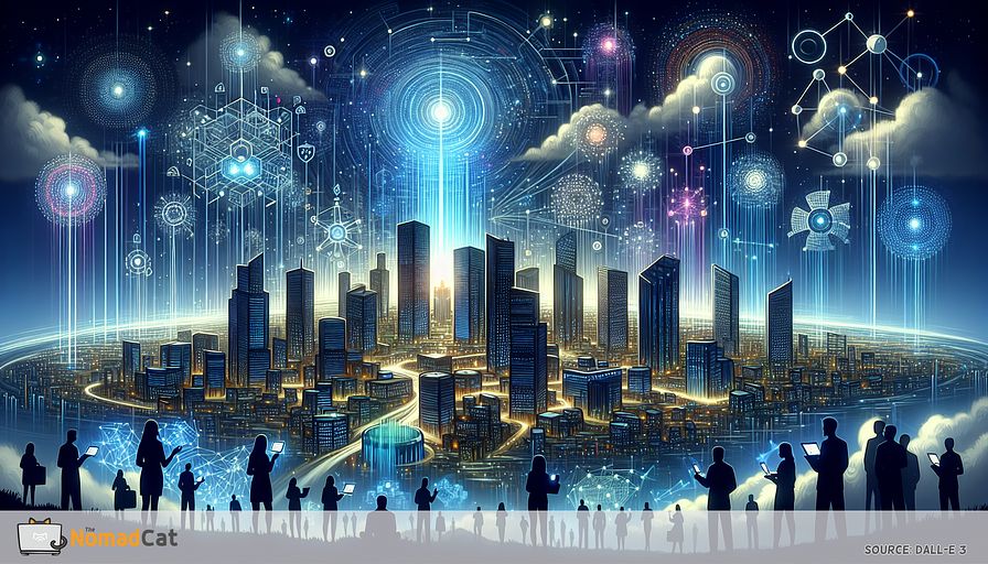 Create an abstract illustration that represents the complex realm of data management, enterprise data architecture, and big data analytics. Visualize this as a thriving, futuristic cityscape at night, immersed in different shades of blue. The city should be adorned with unique buildings symbolizing data lakes, structures for data engineering, and the interconnected neural networks of big data analytics. They are all connected by radiant streams of light that signify data streams. In the foreground, depict silhouettes of diverse tech professionals, such as a Caucasian female CTO and a Black male Director of Engineering. They are seen overseeing the landscape, holding cutting-edge devices that control and navigate the flow of data. The sky overhead is a canvas for digital constellations, which represent the vast potential and innovation that mastering these technologies can unleash. This scene signifies the crucial role of informed decision-making and the pursuit of scalability and enduring success in a landscape constantly reshaped by technology.