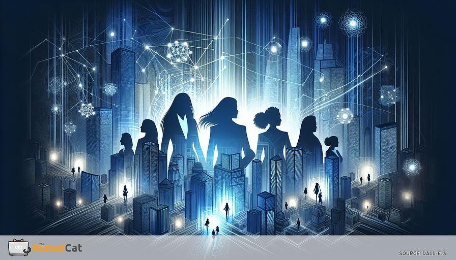 Create an abstract illustration with blue tones that depicts the transformative shift in technology entrepreneurship, with an emphasis on the role of women. Show a futuristic cityscape filled with tall, modern skyscrapers, symbolizing tech startups. Include confident silhouettes of South Asian, Middle Eastern, Black, Hispanic and Caucasian women at the forefront, surrounded by a subtle glow to bring attention to their leadership roles. The flow of ideas is represented by interconnected, glowing paths through the city, underlining the inclusive and innovative environments these women are fostering. Incorporate geometric shapes and patterns to represent overcoming obstacles and breaking traditional norms, hinting at diversity as a growth catalyst in the tech industry.