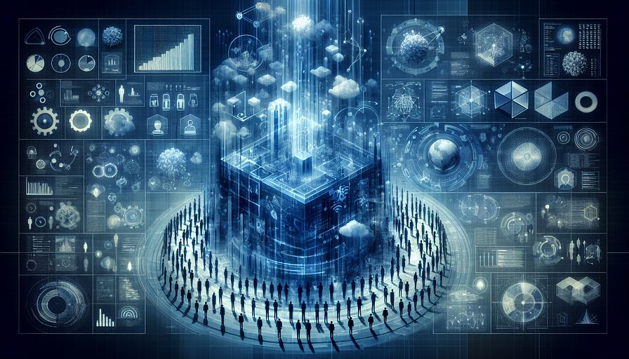 An abstract, blue-toned illustration showing the transformation of raw data into intricate formats such as charts and graphs, with various elements included to represent the tools and mechanisms of the process, such as digital dashboards. The image should incorporate anonymized human figures, representing a diverse set of leaders in technology and engineering fields, gathered in collaboration around a central innovative structure. This central structure, while abstract, should hint at data governance, risk management, and innovation. The composition should emphasize the themes of unlocking potential, driving growth, and achieving market leadership through strategic utilization of data visualization, presenting a complex but inviting representation of informed decision-making.