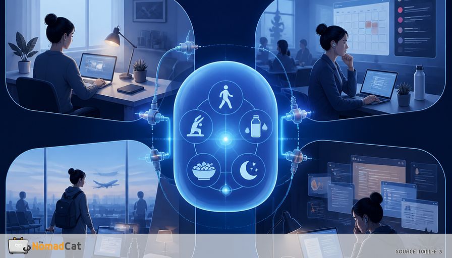 Abstract editorial illustration in cool blue tones: a desk worker’s healthy routine depicted as a modular, portable system rather than a rigid checklist. At the center, a small glowing “habit core” — simple icons for walking, stretching, water, balanced lunch, and sleep — remains stable inside a translucent blue capsule. Around it, four shifting environments orbit like interface panels: calm home desk, busy office with meeting calendar and Slack notifications, airport/hotel travel scene, and intense deadline week with layered windows and late-night laptop glow. Thin connection lines show cues breaking and reconnecting through adaptable plug-like connectors, illustrating “same intention, different interface.” Subtle body error signals — tight shoulders, stiff neck, low energy — fade as the modular system adapts. Minimalist, sophisticated conceptual magazine illustration, clean geometric forms, soft gradients, deep navy, cobalt, cyan, and pale ice blue, no text, no logos, optimistic but realistic.