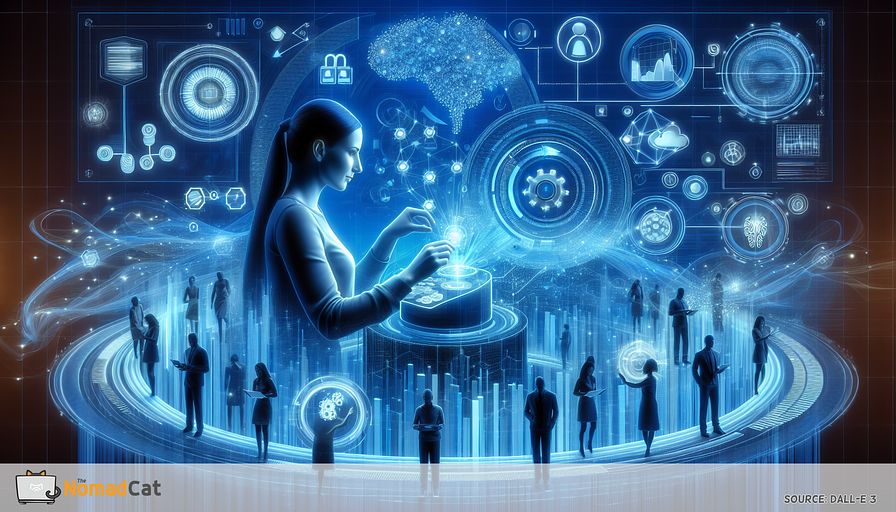 Design a blue-themed, futuristic image representing a vast data landscape, representing the intricate, large, and dynamic domain of organizational data. At the center, depict a Caucasian female technology leader, perhaps a CTO, encircled by a holographic interface showing a flow of data and analytics tools. She actively interacts with advanced analytical and commercial intelligence symbols such as charts, diagrams, and digital networks, extracting noteworthy findings. Around her, portray smaller figures made up of Black, Middle-Eastern, and Hispanic men, indicative of her team, each busy with different aspects of data evaluation, emphasizing the team effort in bridging the ability gap. Embed symbols suggesting machine learning and enhanced analytics, like AI signs and neural networks, intertwined within the data currents. The overall image should exude a sense of innovation, decision making, and the strategic use of data's potential to augment business worth, all enveloped in an abstract, cyan-coloured aesthetic.
