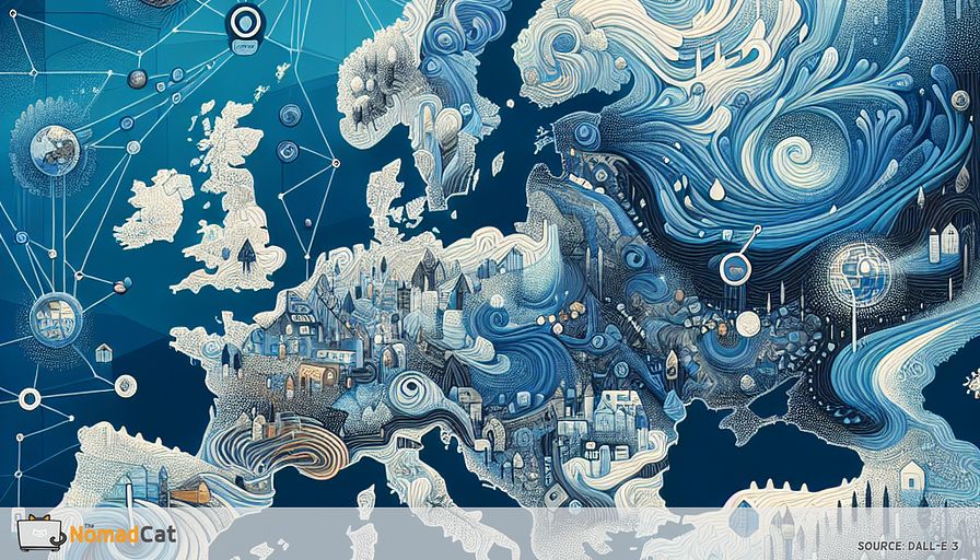 Create an abstract illustration depicting the diverse vulnerabilities faced by European communities during disasters. Imagine an intricate, blue-toned map of Europe, where each region is highlighted with symbols representing its unique challenges. In Southern Europe, visualize swirling water patterns symbolizing floods affecting low-income families. For Eastern Europe, depict fragmented lines illustrating socio-economic disparities. In Northern Europe, use frosty textures to represent the harsh climates isolating communities. Western Europe's urban areas can be shown with dense, overlapping geometric shapes indicating overcrowding. Interspersed are vibrant, interconnected lines representing inclusive technology solutions, weaving through each region, symbolizing hope and resilience through collaboration and innovation.