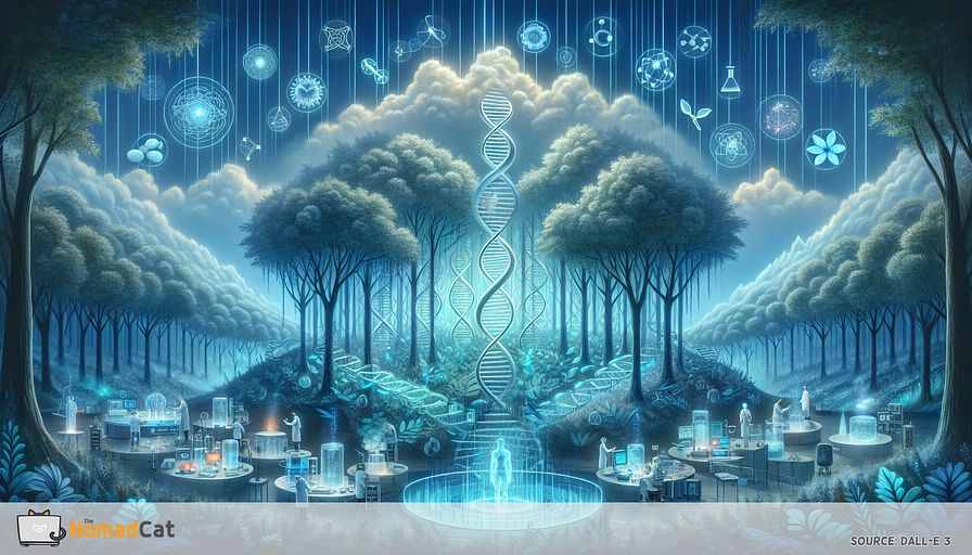 Imagine an abstract depiction of biotechnology and modern medicine's fusion set within a tranquil, blue-toned landscape. This concept features a state-of-the-art lab enveloped by a forest of DNA double helix shaped trees, with leaves taking the form of biotechnological instruments like CRISPR-Cas9 scissors, gene therapy vectors, and synthetic biology constructs. At the forest's core, several ethereal research scientists, spanning various descents and genders, are seen painstakingly altering the genetic makeup of a vast, luminescent, and transparent entity symbolizing a patient undergoing bespoke medicine. Above, digital clouds shower data symbolizing bioinformatics, which feeds the forest and quickens the budding of healing compounds in synthetic organisms dispersed on the forest floor. The scene encapsulates the revolutionary remedies biotechnology provides for untreatable ailments while also demonstrating the dawn of a novel period in medicine— more efficient, less intrusive, and custom-fit to individual genetic blueprints.