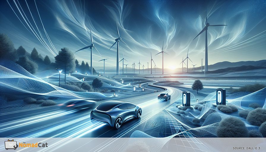 Illustrate an abstract, futuristic landscape dominated by blue tones, symbolizing a cleaner, more sustainable world powered by electric vehicles (EVs). In this scene, gracefully depict sleek EVs traveling on a network of roads that are seamlessly integrated with nature, showcasing advanced, eco-friendly charging stations that sprout like flowers, drawing energy from renewable sources. The sky, streaked with soft shades of dawn, represents the dawn of a new era in transportation. Intermingle elements that reflect the harmony between technology and the environment, such as wind turbines and solar panels, blending with the natural scenery. Highlight the notion of progress with abstract patterns that suggest the flow of energy and connectivity, embodying the innovative spirit of battery technology and the global movement towards reducing carbon footprints. This visualization should evoke a sense of optimism and the collective journey towards combating climate change through the lens of EV advancement.