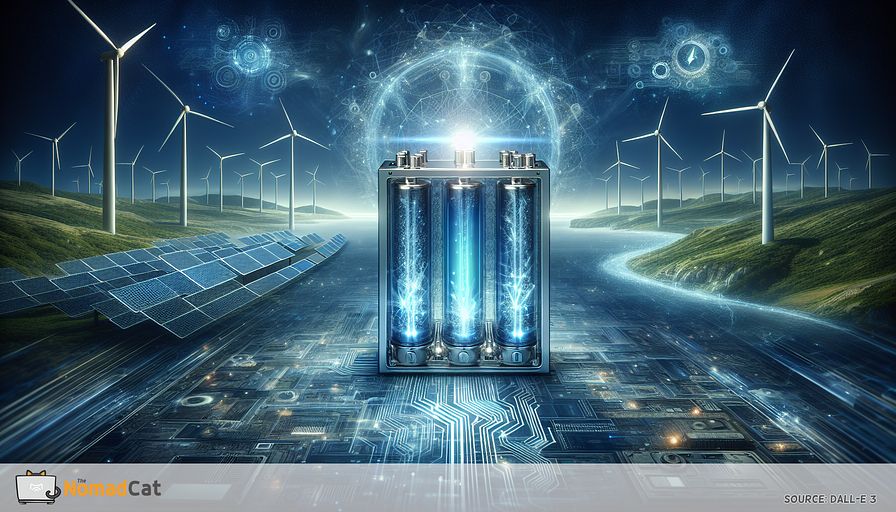 Create an abstract illustration showcasing the essence of innovative energy storage solutions in the renewable energy field, set in a futuristic landscape heavily influenced by shades of blue to embody the clean and sustainable nature of these developments. In the forefront, depict a modern, sleek battery that combines features of solid-state and lithium-sulfur technology, emitting a radiant energy aura to denote its high energy density and longevity. Surround the battery with intricate patterns and circuit-like designs representing smart grid technology, creating an interconnected network to symbolize resilience and adaptability. In the background, subtly blend renewable energy sources like wind turbines and solar panels, indicating the harmonious integration of these technologies. The overall composition should evoke a feeling of innovation, reliability, and the transformational potential these advancements offer in reshaping the energy landscape.