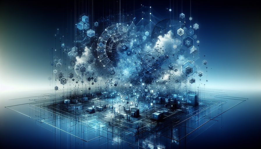 Visualize an abstract illustration that symbolizes the intricate process of software and hardware installation in information systems. The scene is dominated by shades of blue, capturing the meticulous integration of digital components into a cohesive framework. Imagine a series of ethereal, interconnected geometric shapes and lines that represent the transfer of software programs to a device's local storage, preparing it for effective management and launch. Nearby, depict physical elements being seamlessly integrated with digital ones, illustrating the hardware installation process, including the connection of device drivers for optimal communication with the operating system. Intersperse the composition with subtle icons or motifs that hint at the challenges faced during installation, such as compatibility checks and configuration settings. The entire image should convey a sense of foundational strength and complexity, embodying the idea that successful installation is crucial for maintaining system integrity and ensuring readiness for future updates and maintenance. Let the abstract nature of the illustration communicate the technical and conceptual essence of integrating software and hardware into information systems, all enveloped in calming and thoughtful blue tones.