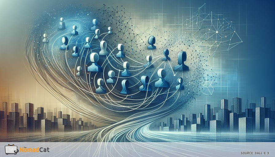 Create an abstract illustration that encapsulates the shift toward decentralized workplaces. Visualize this transition as a flowing mesh of geometric shapes and lines, each node standing for a team member positioned in diverse locations worldwide. These nodes should include representations of male and female team members from a variety of descents such as Caucasian, Hispanic, Black, Middle-Eastern, and South Asian. Render the composition in various gradients of blue, implying the smooth integration of technology and the tranquil adaptability that earmarks this new work epoch. In the backdrop, dim outlines of conventional office edifices recede into the far-off, juxtaposing the glowing, forward-oriented network. The artwork should capture the dynamic nature of scattered teams working out of sync, yet cohesively, emphasizing the novelty and independence promised by decentralized workplaces.