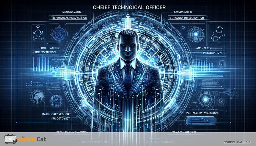 Generate an abstract futuristic depiction of a Chief Technical Officer - a central non-binary figure in a high-tech command center. The CTO, of Middle-Eastern descent, is seen strategically orchestrating the confluence of technological innovation and business targets. Around this main character are flowing luminous streaks symbolizing the seamless integration of technology infrastructure, subtly implying their roles in strategic planning, innovation, team development, risk management, and partnership oversight. Exclusively use blue tones ranging from sky to navy, asserting a mood of future insight, stability, and trust. This emphasizes the CTO's function in establishing market superiority. The entire setup should symbolize a symbiotic fusion of leadership and technology, indicating the fundamental role of the CTO in realizing the company's ambitions.