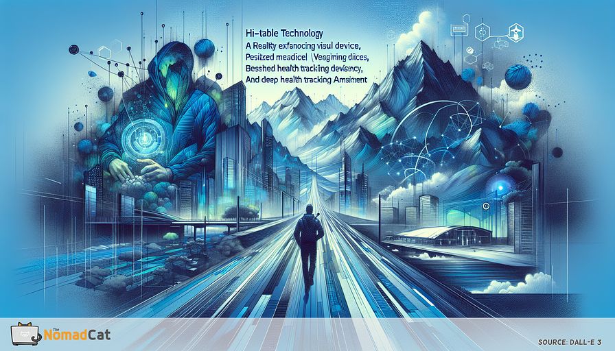 Create an abstract illustration dominated by blue tones, capturing the essence of the future of wearable technology as it blends seamlessly into daily existence. The image should convey a world where hi-tech textiles, a reality enhancing visual device, and inventive health tracking tools revolutionize wellness, work efficiency, and amusement. Visualize a landscape of tomorrow where technology strategists steer through a plethora of advanced wearable technology, delineating the transition towards personalized medicine, boosted task proficiency, and deep digital engagement. Embody the ethos of innovation and the expectation of the untapped potential in wearable technology.
