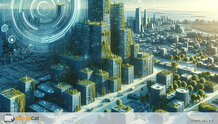 Create an abstract illustration that encapsulates the essence of the circular economy in green building for European tech startups. Visualize a futuristic cityscape where buildings seamlessly integrate nature and technology. Incorporate elements symbolizing resource reutilization, such as loops or spirals, to represent closed-loop systems. Highlight modular structures with tones of blue to evoke innovation and sustainability. The city should convey a sense of harmony between architecture and the environment, with eco-friendly materials subtly integrated into the design. Include technological motifs like digital grids or IoT sensors as part of the building infrastructure, suggesting advanced, sustainable practices.